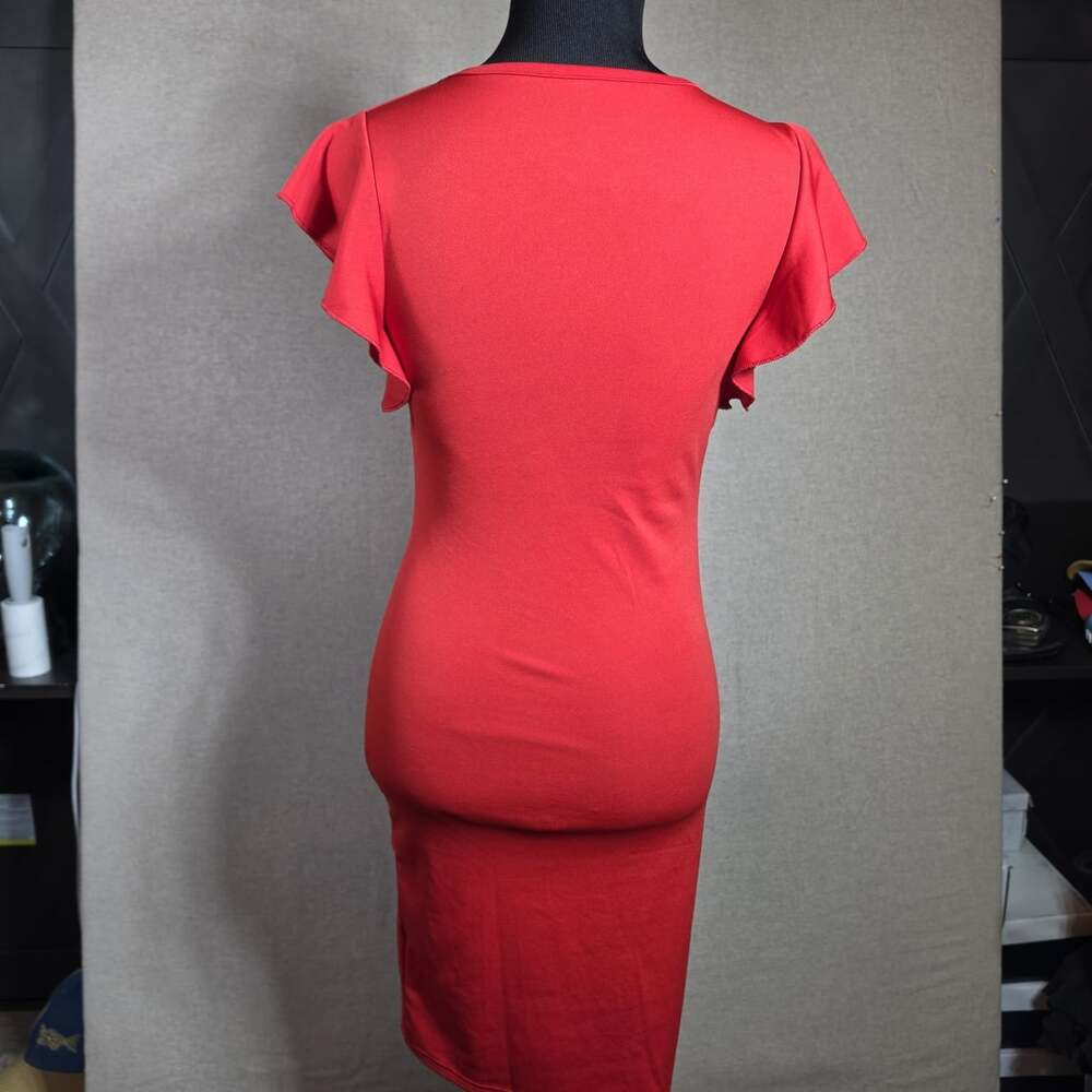 Red Midi Dress Ruched V-Neck Ruffle Sleeve Bodycon Stretch Pullover Sz S - Picture 4 of 11
